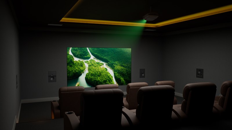 Cinematic 4K visualization of a dedicated theater room showing a ceiling-mounted projector beam, illuminated cove ceiling lighting, in-wall satellite speakers flanking the screen, and rows of leather recliners.